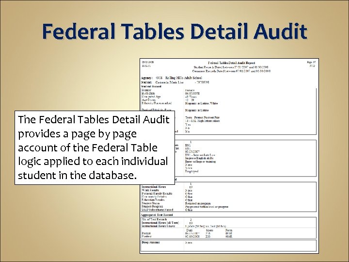 Federal Tables Detail Audit The Federal Tables Detail Audit provides a page by page