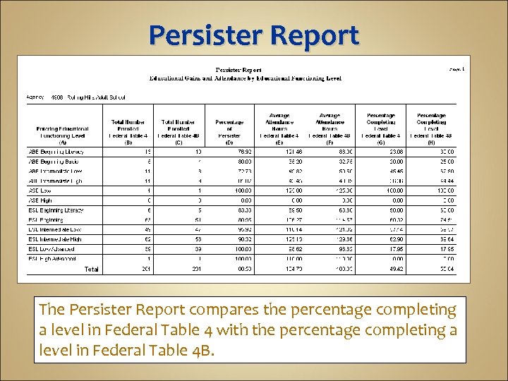 Persister Report The Persister Report compares the percentage completing a level in Federal Table