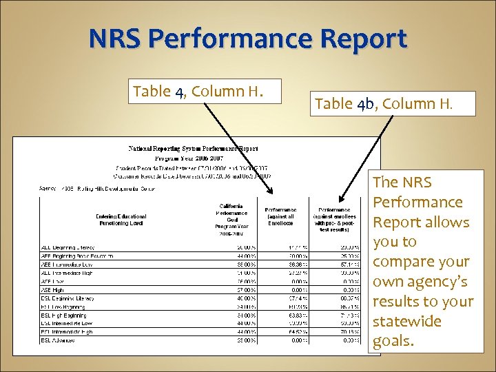 NRS Performance Report Table 4, Column H. Table 4 b, Column H. The NRS