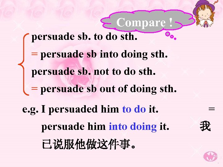 Compare ! persuade sb. to do sth. = persuade sb into doing sth. persuade