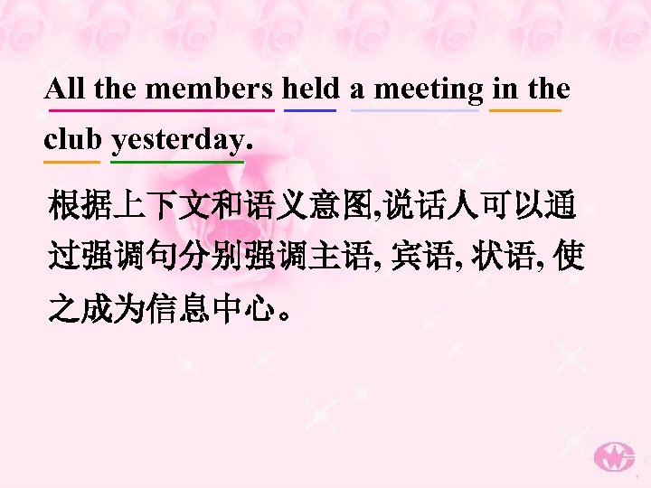 All the members held a meeting in the club yesterday. 根据上下文和语义意图, 说话人可以通 过强调句分别强调主语, 宾语,