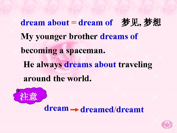 dream about = dream of 梦见, 梦想 My younger brother dreams of becoming a