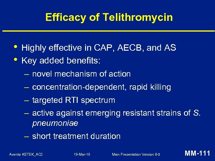 Efficacy of Telithromycin • • Highly effective in CAP, AECB, and AS Key added