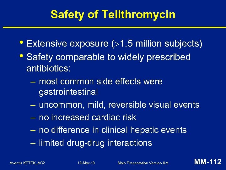 Safety of Telithromycin • Extensive exposure ( 1. 5 million subjects) • Safety comparable