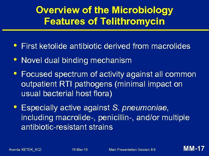Overview of the Microbiology Features of Telithromycin • • • First ketolide antibiotic derived