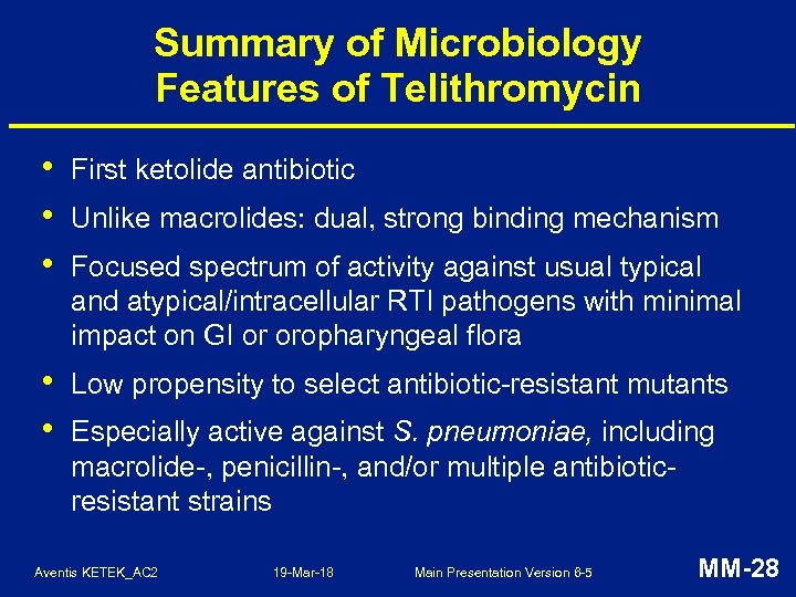 Summary of Microbiology Features of Telithromycin • • • First ketolide antibiotic • •