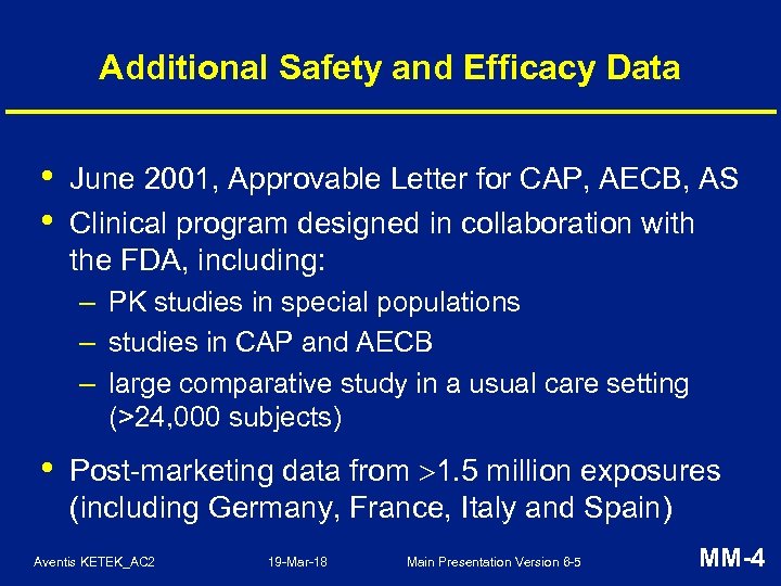 Additional Safety and Efficacy Data • • June 2001, Approvable Letter for CAP, AECB,