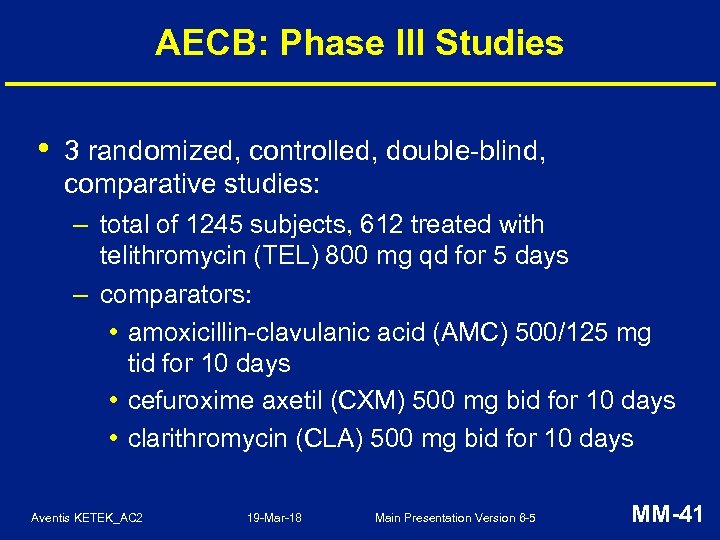 AECB: Phase III Studies • 3 randomized, controlled, double-blind, comparative studies: – total of