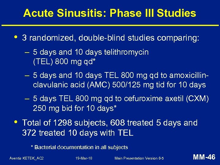 Acute Sinusitis: Phase III Studies • 3 randomized, double-blind studies comparing: – 5 days