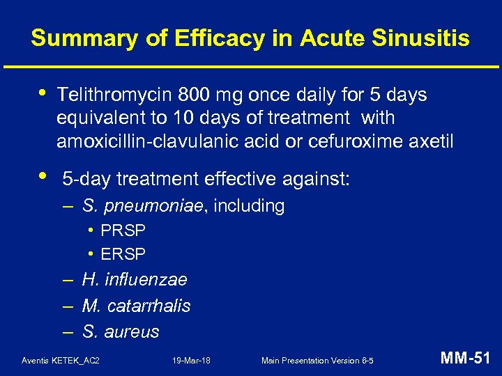 Summary of Efficacy in Acute Sinusitis • Telithromycin 800 mg once daily for 5