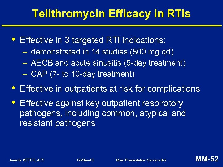 Telithromycin Efficacy in RTIs • Effective in 3 targeted RTI indications: – demonstrated in