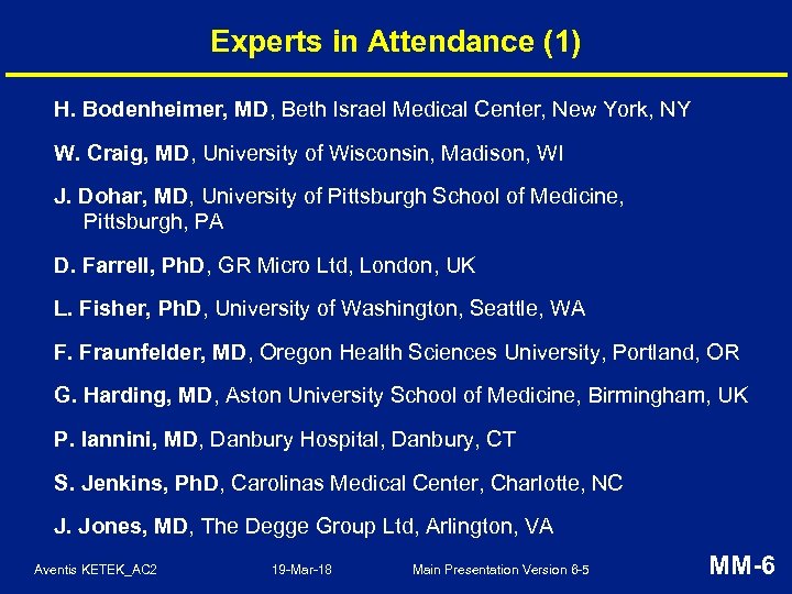 Experts in Attendance (1) H. Bodenheimer, MD, Beth Israel Medical Center, New York, NY