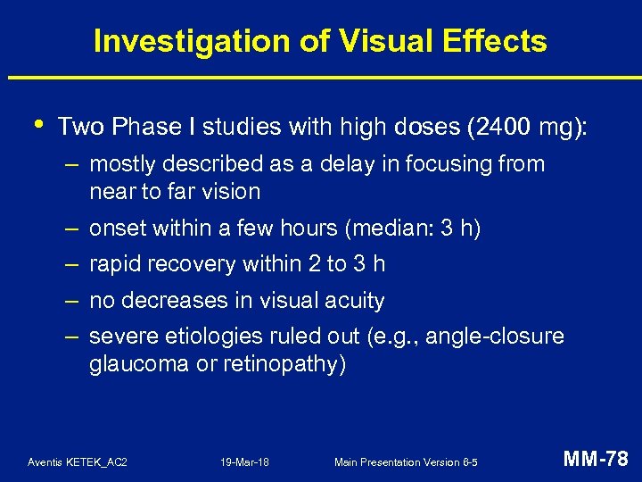 Investigation of Visual Effects • Two Phase I studies with high doses (2400 mg):