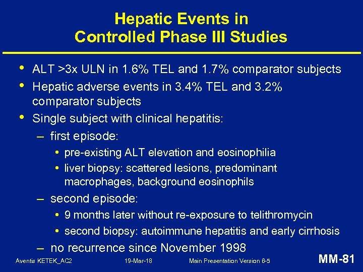 Hepatic Events in Controlled Phase III Studies • • • ALT >3 x ULN