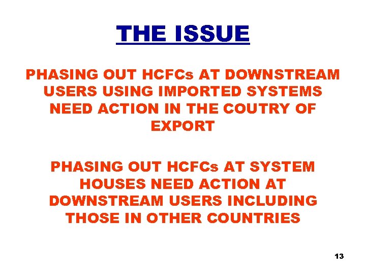 THE ISSUE PHASING OUT HCFCs AT DOWNSTREAM USERS USING IMPORTED SYSTEMS NEED ACTION IN