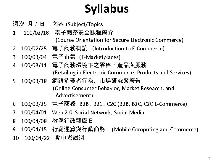 Syllabus 週次 月／日 內容（ Subject/Topics 1 100/02/18 電子商務安全課程簡介 (Course Orientation for Secure Electronic Commerce)