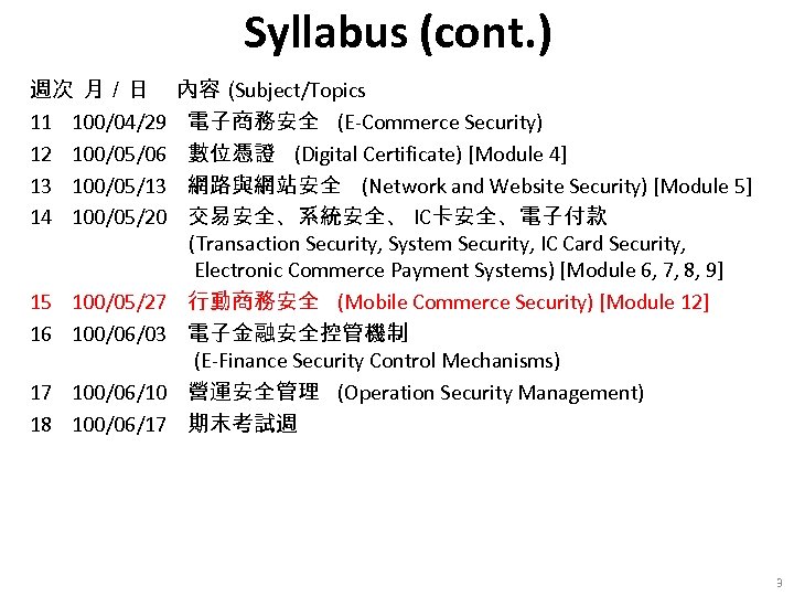 Syllabus (cont. ) 週次 月／日 11 100/04/29 12 100/05/06 13 100/05/13 14 100/05/20 15