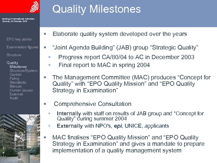 Quality Milestones Meeting of International Authorities Geneva, 24 February 2005 § Elaborate quality system