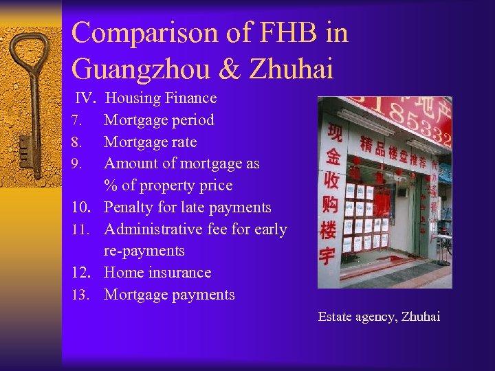 Comparison of FHB in Guangzhou & Zhuhai IV. Housing Finance 7. Mortgage period 8.