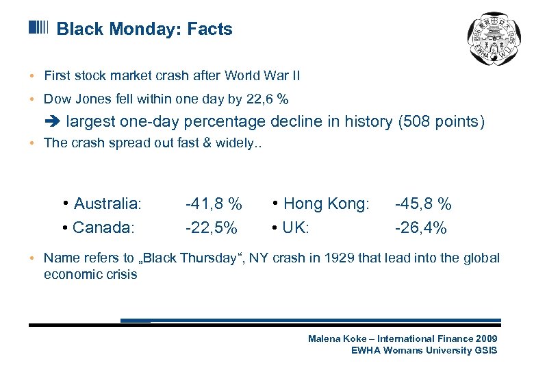 Black Monday: Facts • First stock market crash after World War II • Dow