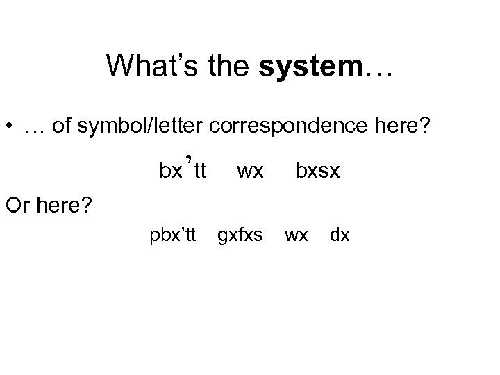 What’s the system… • … of symbol/letter correspondence here? bx’tt wx bxsx Or here?