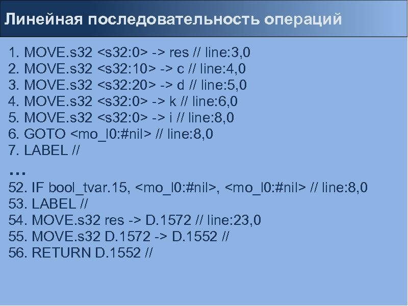 Линейная последовательность операций 1. MOVE. s 32 <s 32: 0> -> res // line: