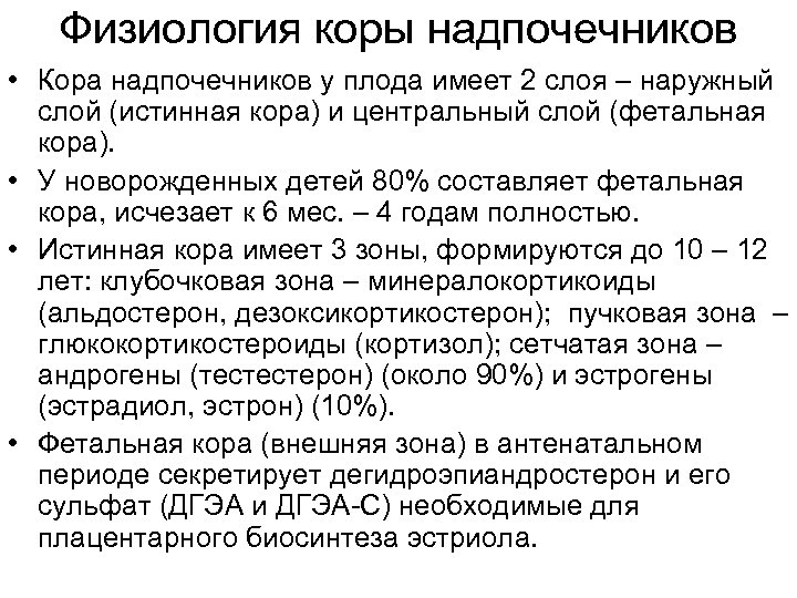 Физиология коры надпочечников • Кора надпочечников у плода имеет 2 слоя – наружный слой