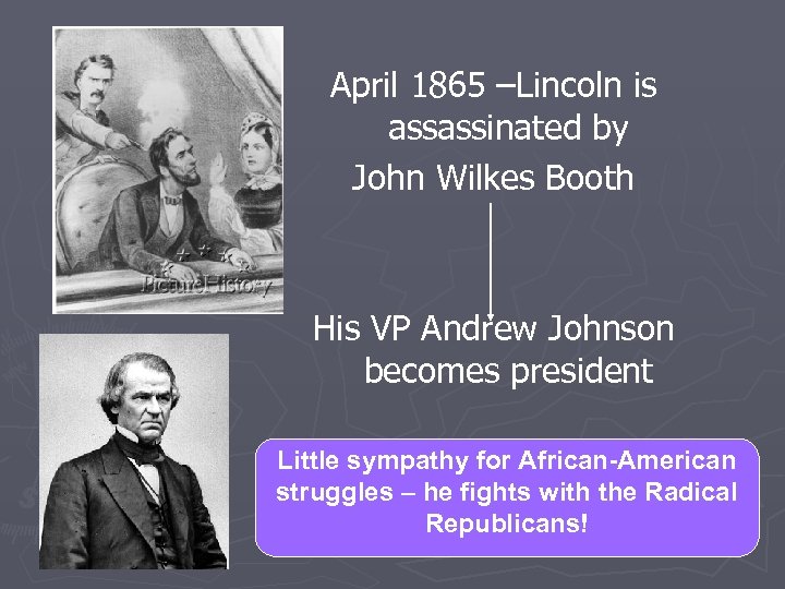 April 1865 –Lincoln is assassinated by John Wilkes Booth His VP Andrew Johnson becomes