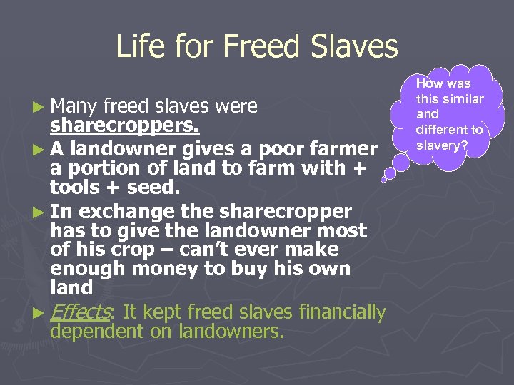 Life for Freed Slaves ► Many freed slaves were sharecroppers. ► A landowner gives