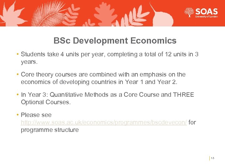 BSc Development Economics • Students take 4 units per year, completing a total of
