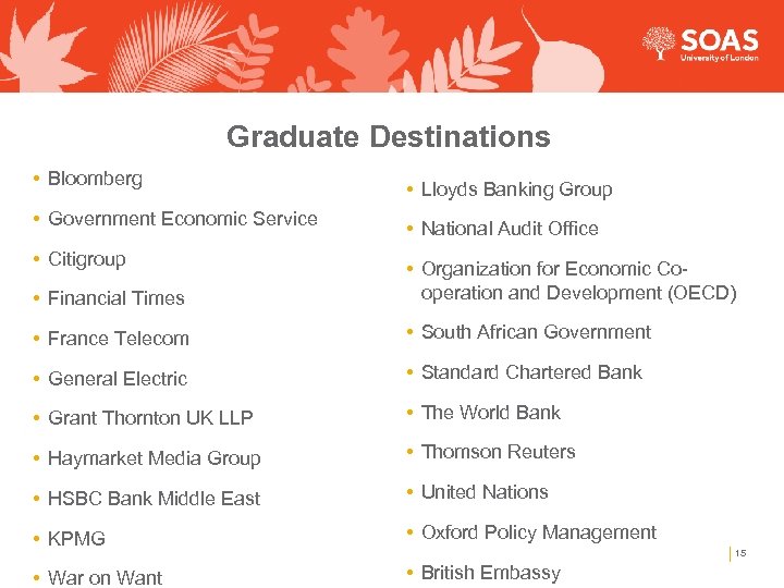 Graduate Destinations • Bloomberg • Government Economic Service • Citigroup • Lloyds Banking Group