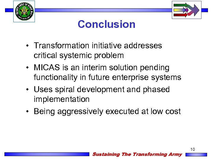 Conclusion • Transformation initiative addresses critical systemic problem • MICAS is an interim solution