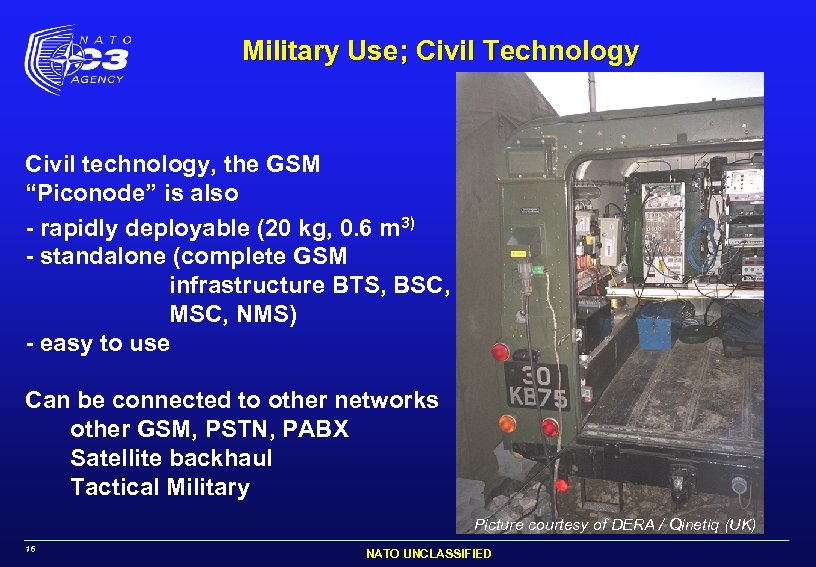 Military Use; Civil Technology Civil technology, the GSM “Piconode” is also - rapidly deployable