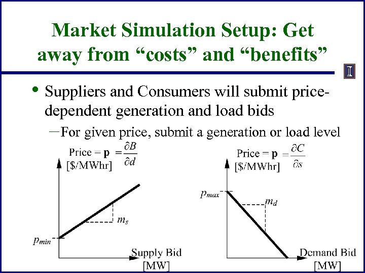 Market Simulation Setup: Get away from “costs” and “benefits” • Suppliers and Consumers will