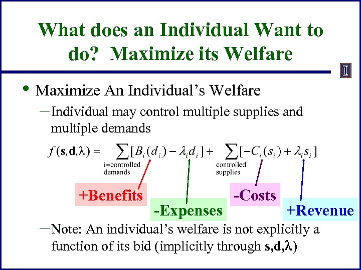 What does an Individual Want to do? Maximize its Welfare • Maximize An Individual’s