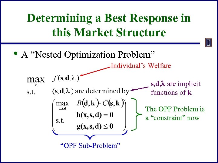 Determining a Best Response in this Market Structure • A “Nested Optimization Problem” Individual’s
