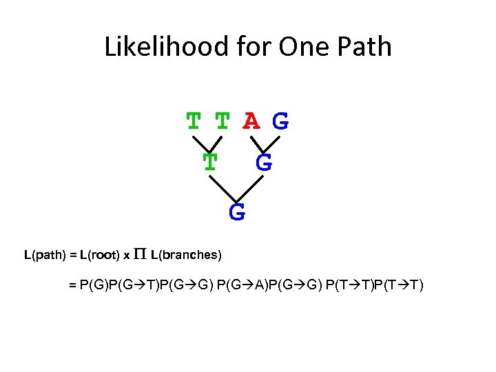 Likelihood for One Path T T A G T G G L(path) = L(root)