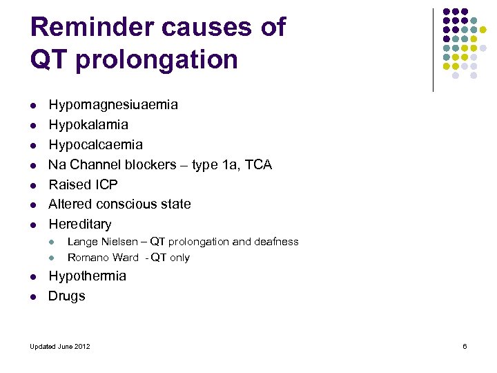 Reminder causes of QT prolongation l l l l Hypomagnesiuaemia Hypokalamia Hypocalcaemia Na Channel