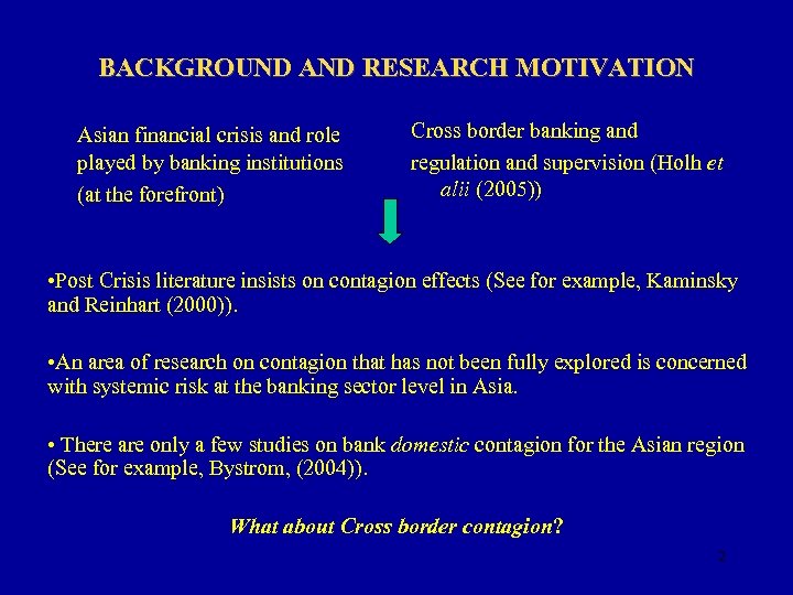 BACKGROUND AND RESEARCH MOTIVATION Asian financial crisis and role played by banking institutions (at