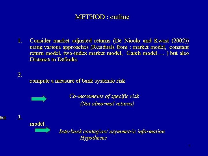 est METHOD : outline 1. 2. Consider market adjusted returns (De Nicolo and Kwast