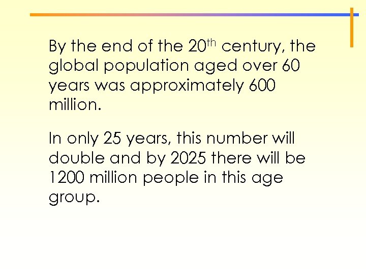 By the end of the 20 th century, the global population aged over 60
