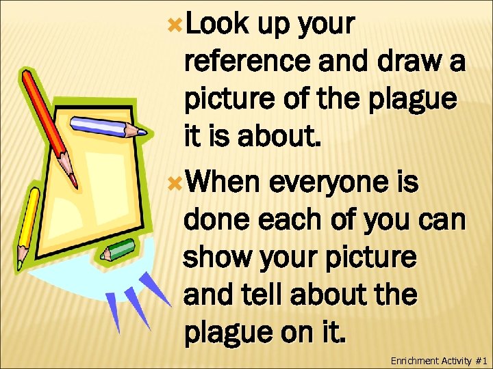  Look up your reference and draw a picture of the plague it is