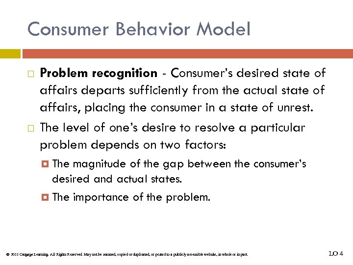 Consumer Behavior Model Problem recognition - Consumer’s desired state of affairs departs sufficiently from