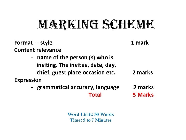 marking scheme Format - style Content relevance - name of the person (s) who