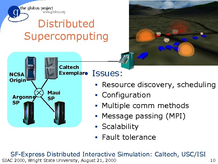 Distributed Supercomputing NCSA Origin Argonne SP Caltech Exemplar • Issues: § Resource discovery, scheduling