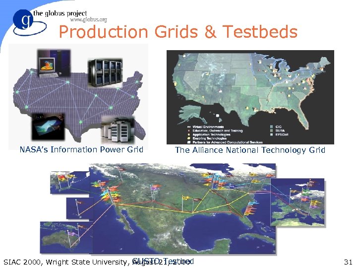Production Grids & Testbeds NASA’s Information Power Grid The Alliance National Technology Grid SIAC