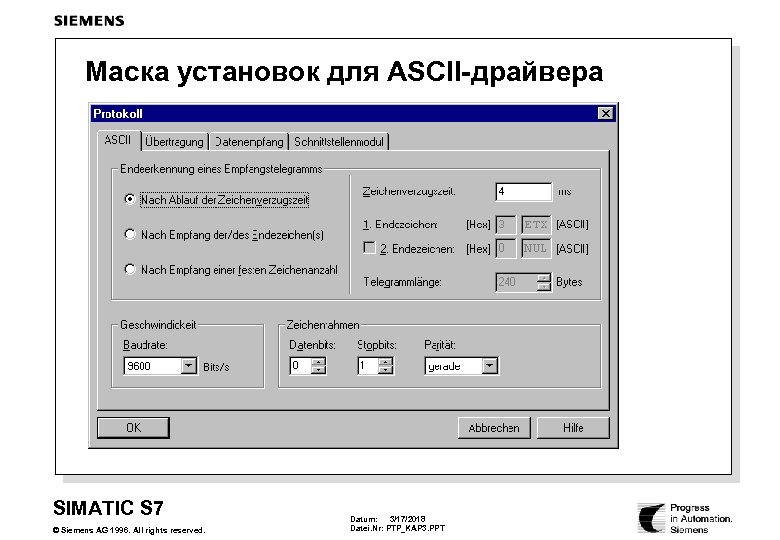 Маска установок для ASCII-драйвера SIMATIC S 7 © Siemens AG 1996. All rights reserved.