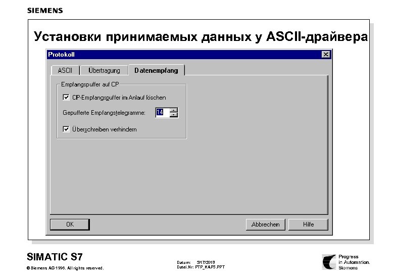 Установки принимаемых данных у ASCII-драйвера SIMATIC S 7 © Siemens AG 1996. All rights