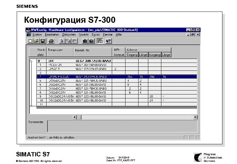 Конфигурация S 7 -300 SIMATIC S 7 © Siemens AG 1996. All rights reserved.