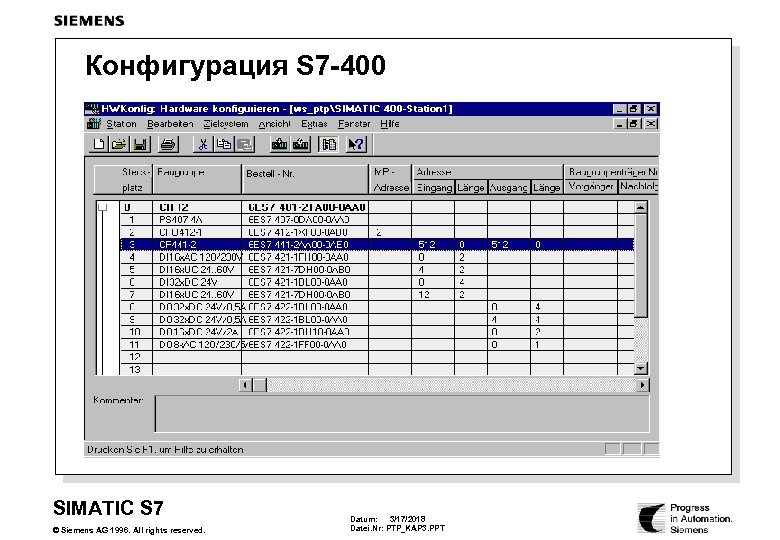 Конфигурация S 7 -400 SIMATIC S 7 © Siemens AG 1996. All rights reserved.